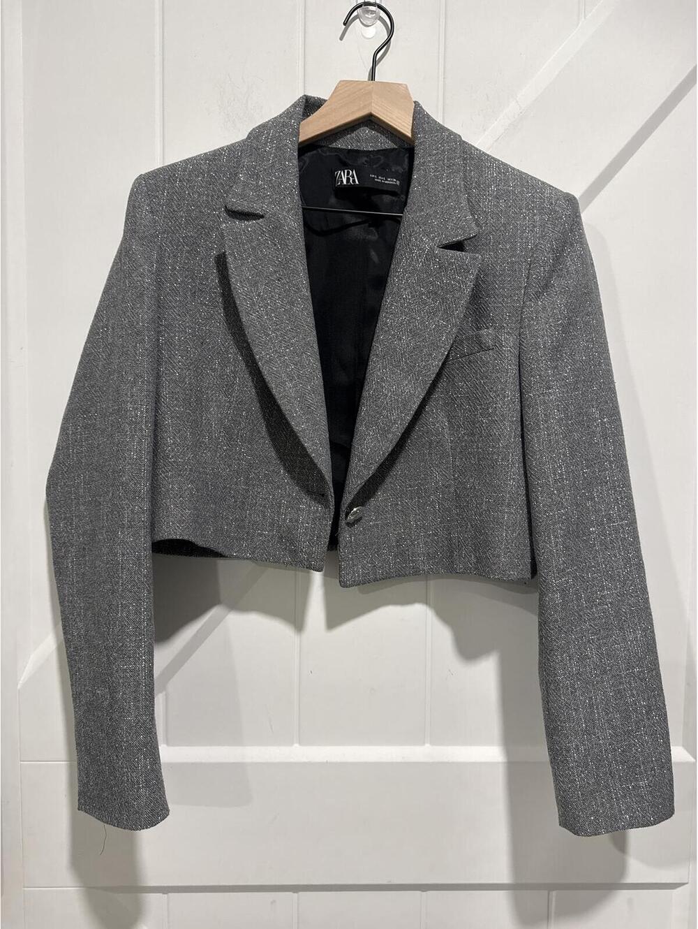 Zara Cropped Gray and Silver Blazer Jacket Size, L